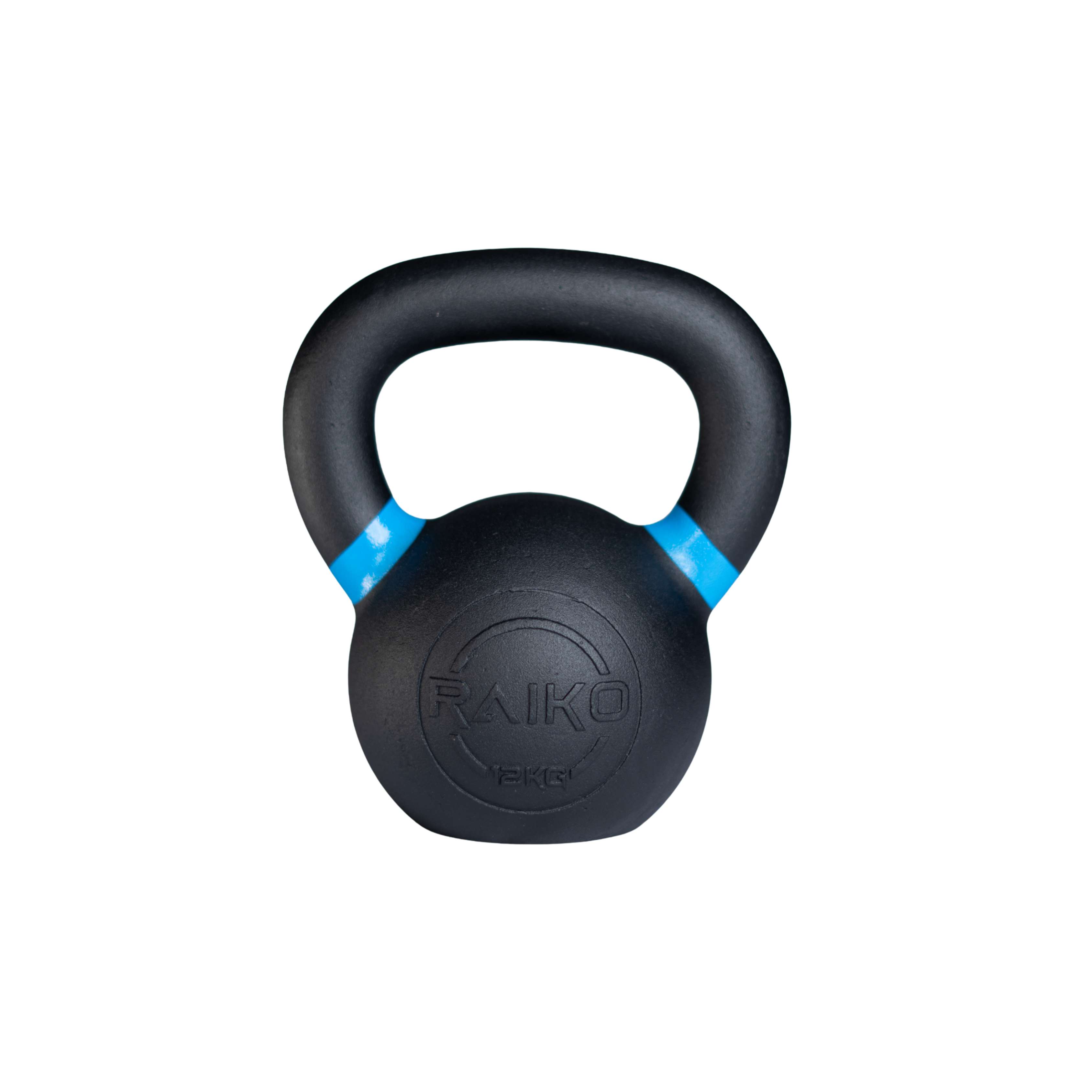 Sort kettlebell fra Raiko Sport på 12 kg med blå markering ved håndtaket
