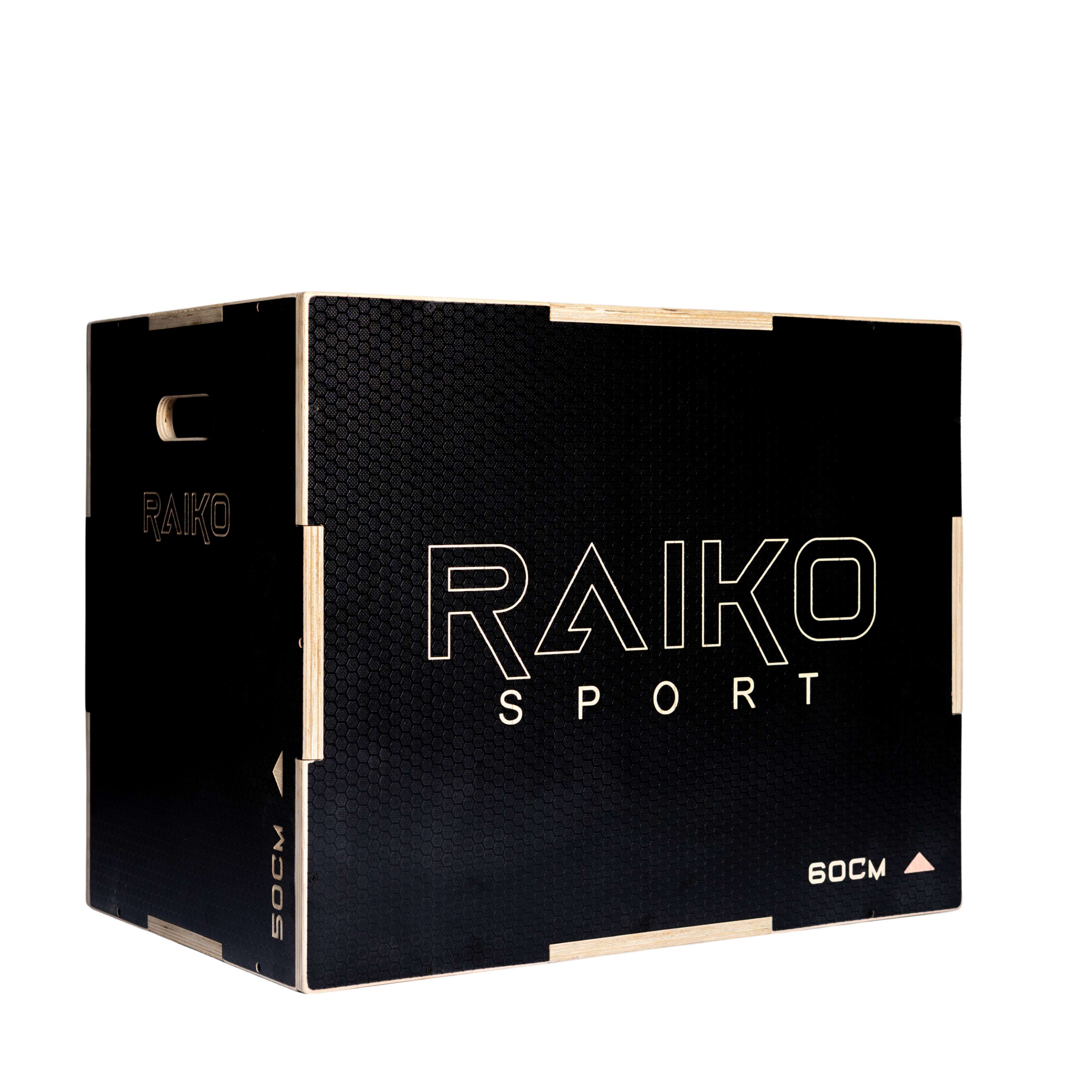 Plyo boks fra Raiko Sport i sort treverk med tydelig logo og høydeangivelse 50 cm og 60 cm