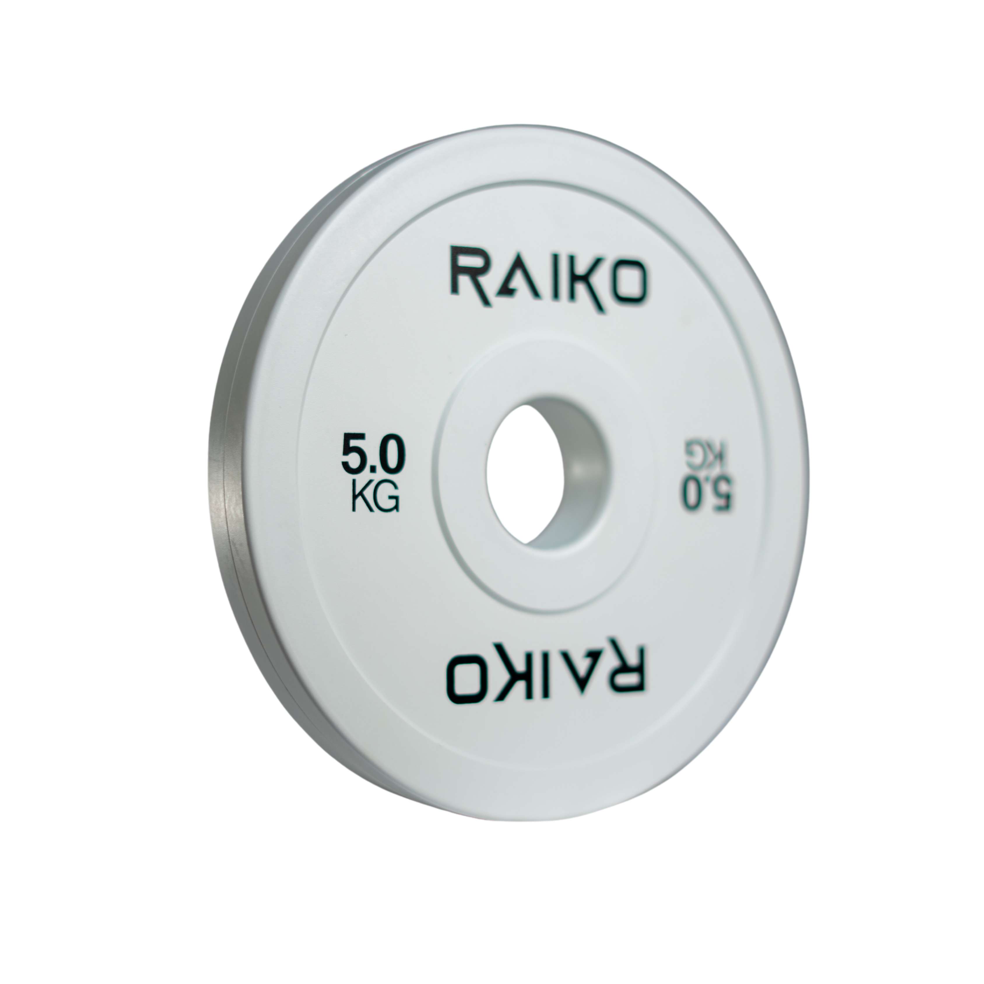 Hvit change plate 5 kg fra Raiko Sport med sort logo og vektangivelse