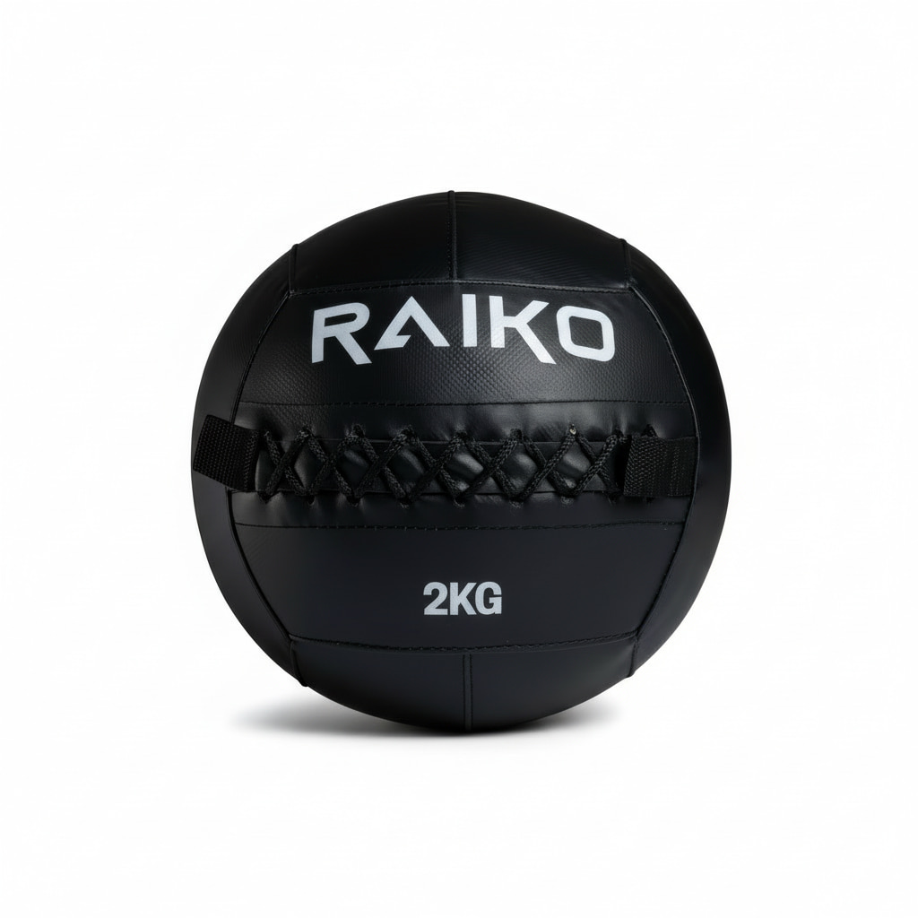 Wall ball 2 kg fra Raiko Sport, sort treningsball med hvit logo og solide sømmer